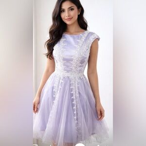 JJ’s House Light Lavender Tulle Cocktail Lace A-Line Mini Dress Sz Small